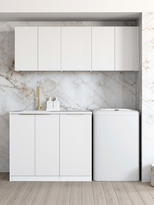 Laundry Kit 1715B Bondi Fluted White with Natural Carrara Marble Top