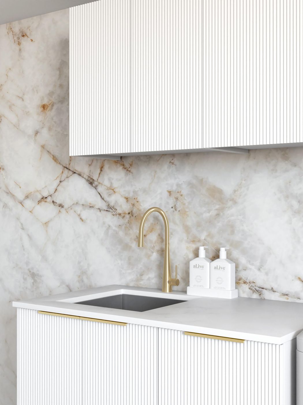 Laundry Kit 1715B Bondi Fluted White with Natural Carrara Marble Top