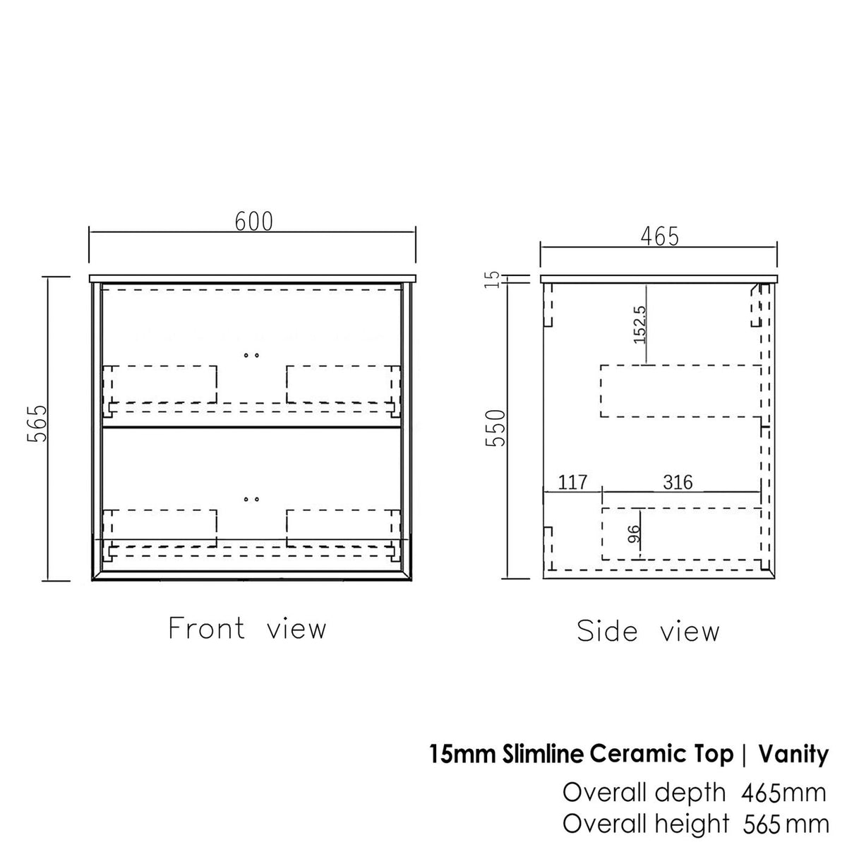 Boston 600mm Light Grey Wall Hung Vanity with Ceramic Top