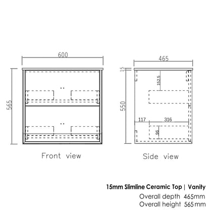 Boston 600mm Light Grey Wall Hung Vanity with Ceramic Top