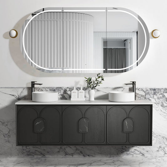 Laguna 1800mm Black American Oak Wall Hung Vanity with Natural Carrara Marble Top