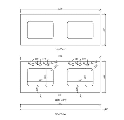 Natural Carrara Marble 1200x465x18 Top with Double Undermount Basins