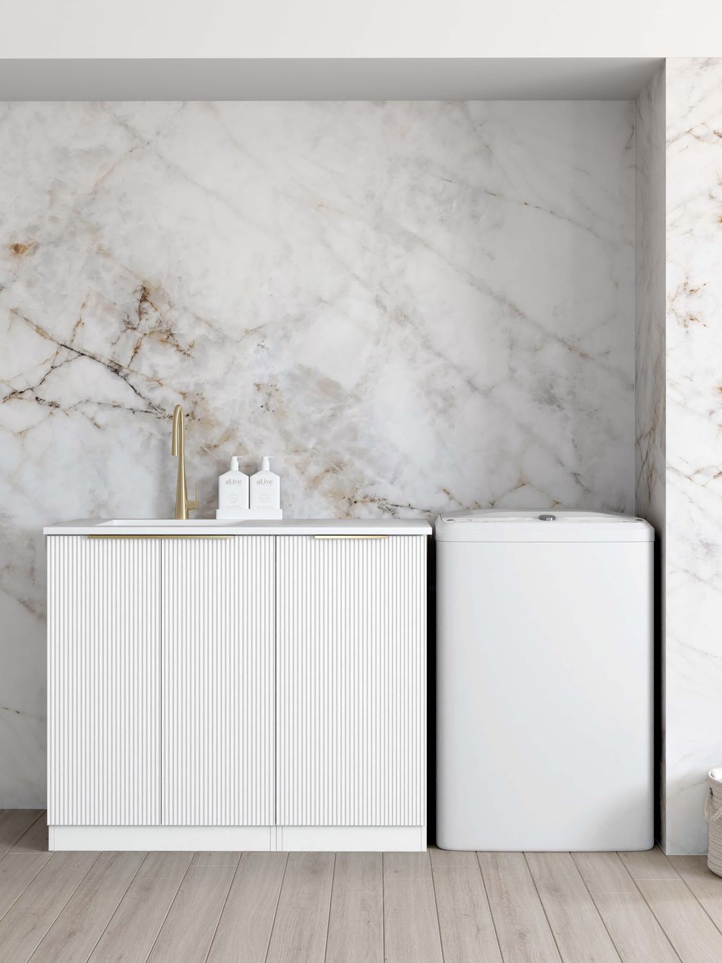 Bondi Fluted White Base Laundry Cabinet with 1060mm Natural Carrara Marble Top