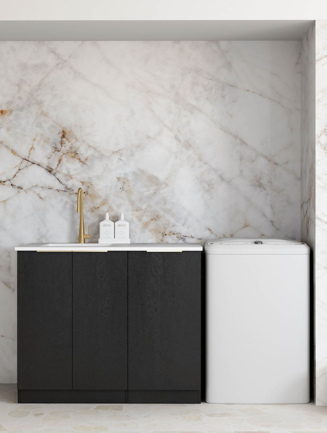 Byron/Bondi Black Oak Base Laundry Cabinet with 1060mm Natural Carrara Marble Top