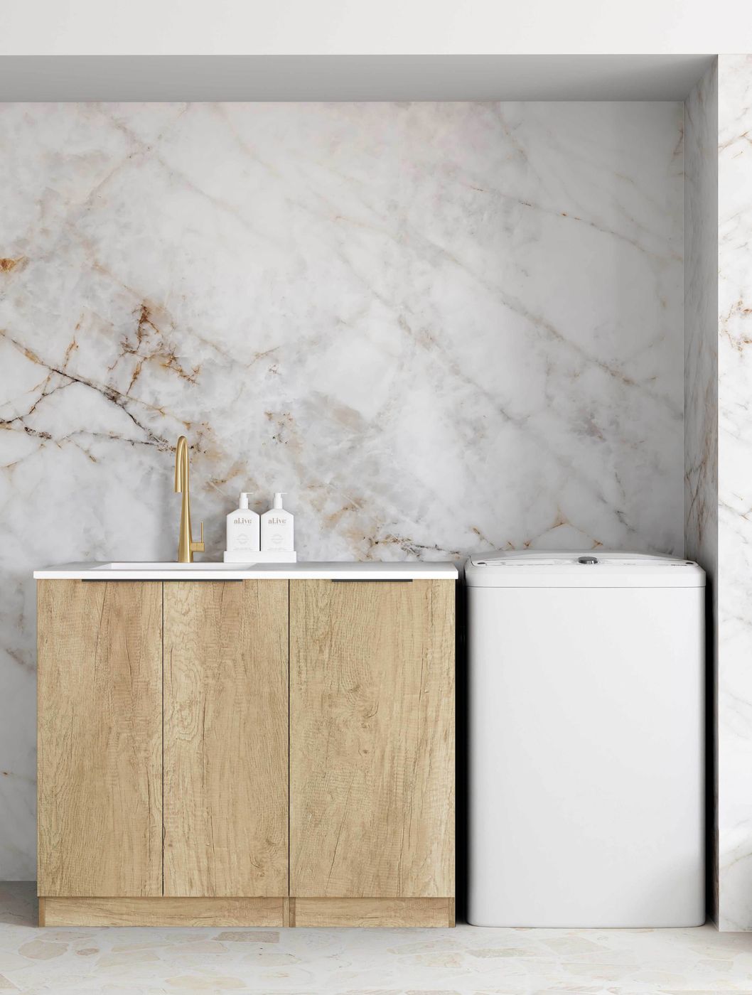 Byron/Bondi Natural Oak Base Laundry Cabinet with 1060mm Natural Carrara Marble Top
