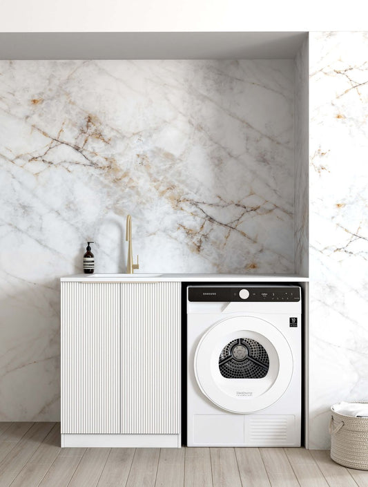 Bondi Fluted White Base Laundry Cabinet with 1300mm Pure White Top