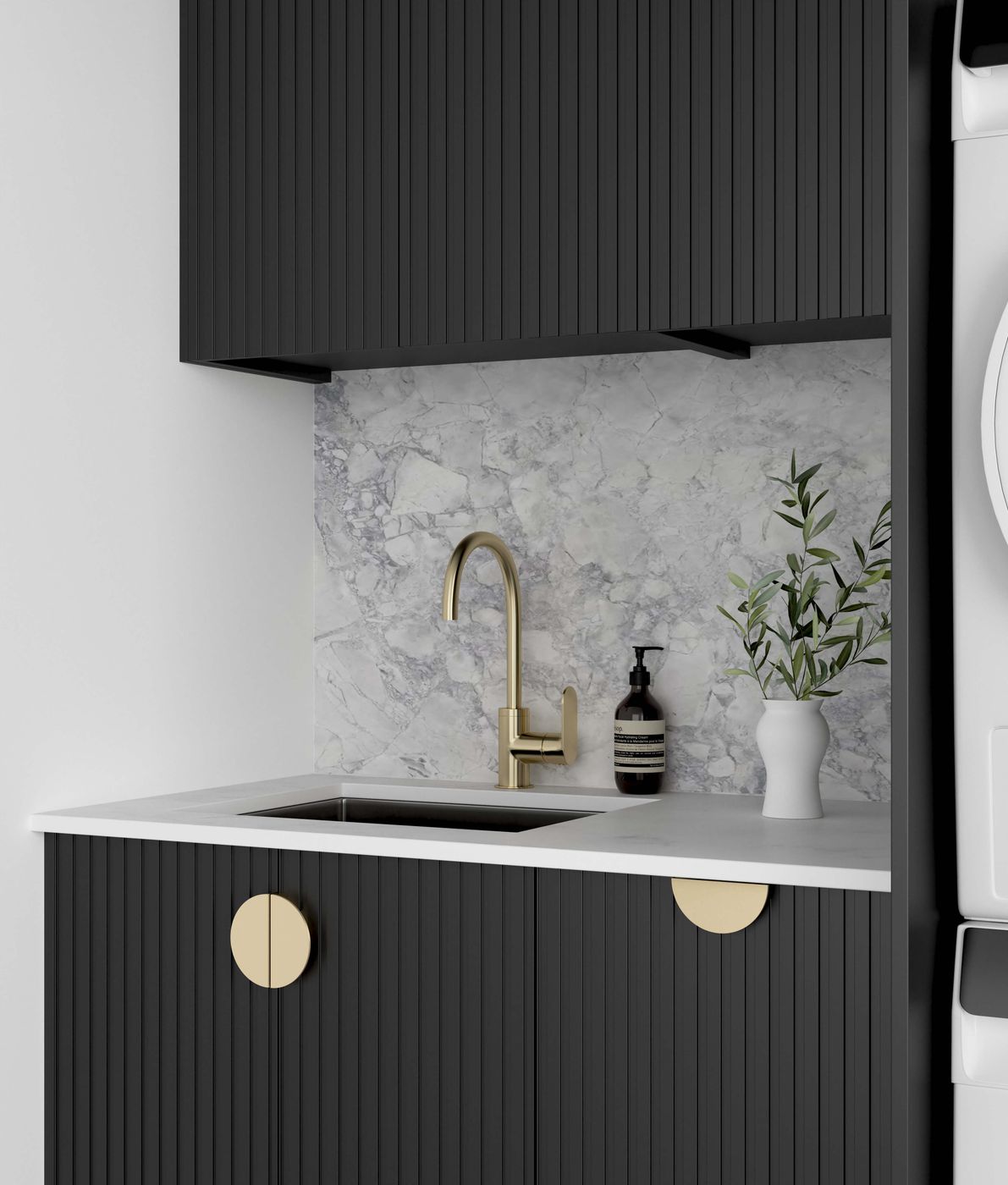 Laundry Kit 1715C Marlo Fluted Black with Natural Carrara Marble Top