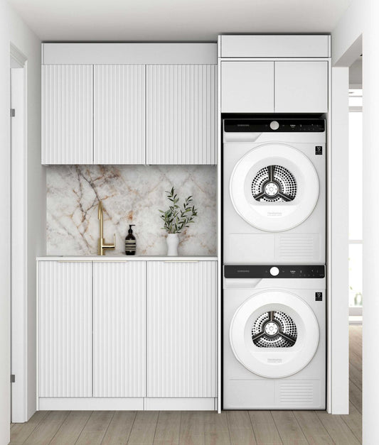Laundry Kit 1715C Noosa Fluted White with Natural Carrara Marble Top