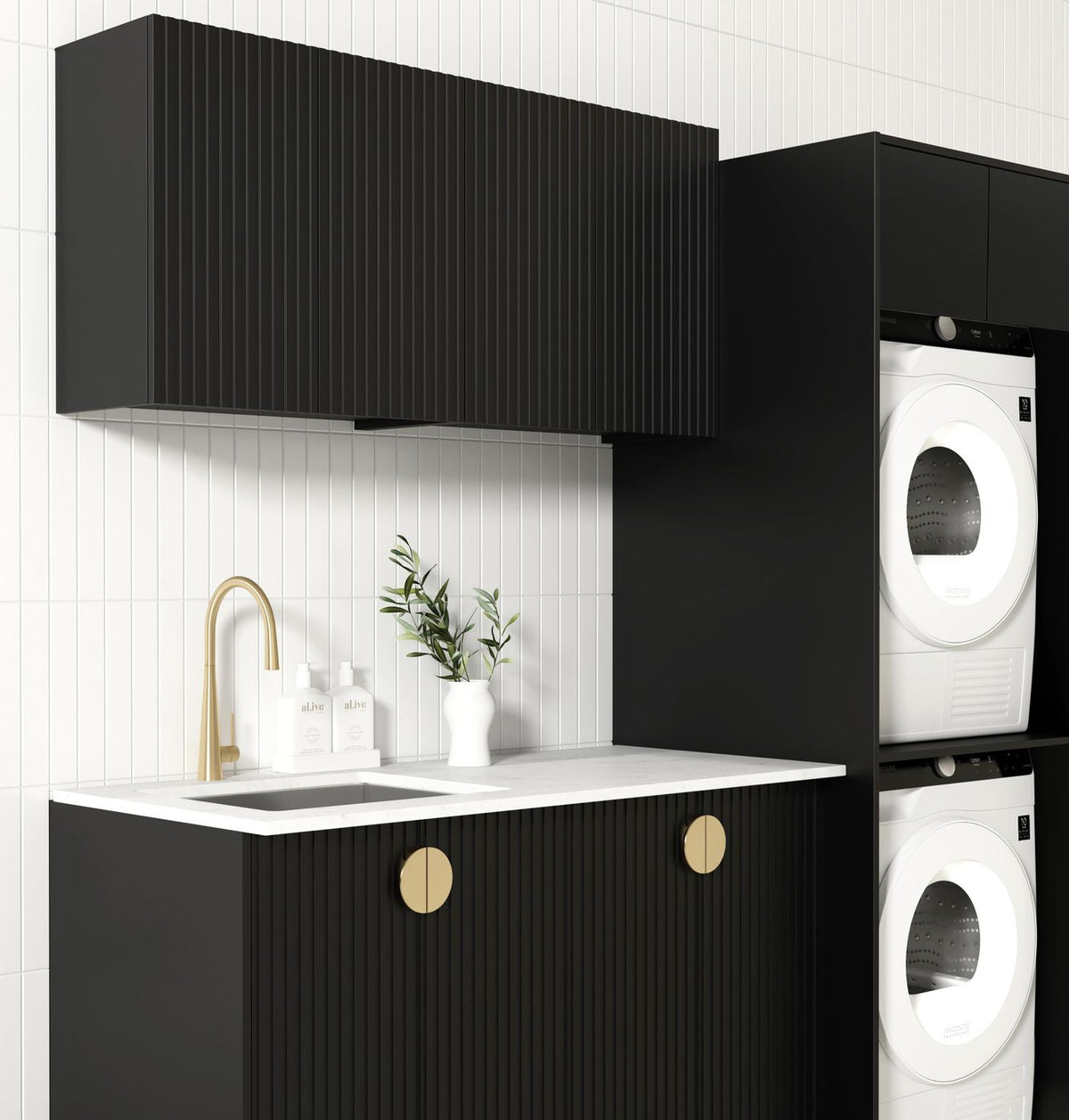 Laundry Kit 1960C Marlo Fluted Black with Natural Carrara Marble Top