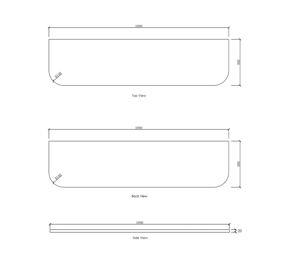 Bondi 1800x460x20 Solid Surface Matte White Top No Hole