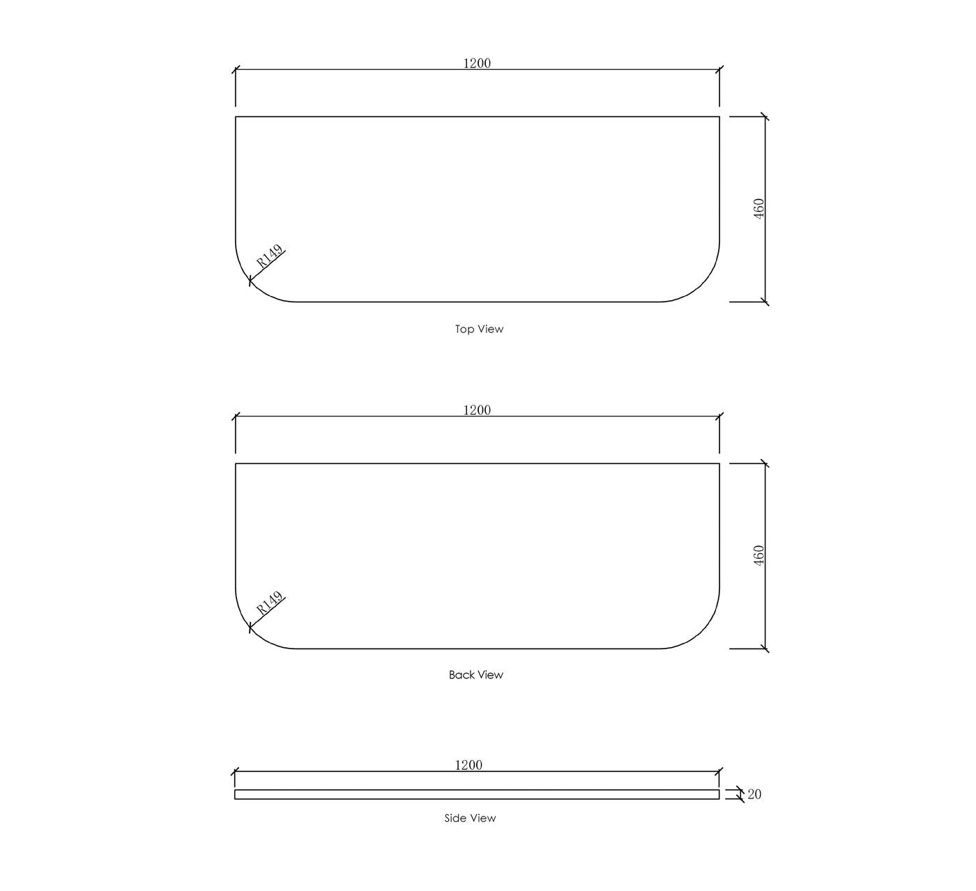 Bondi 1200x460x20 Solid Surface Matte White Top No Hole