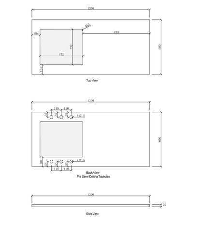 Laundry 1300mm Solid Surface Matte White Top