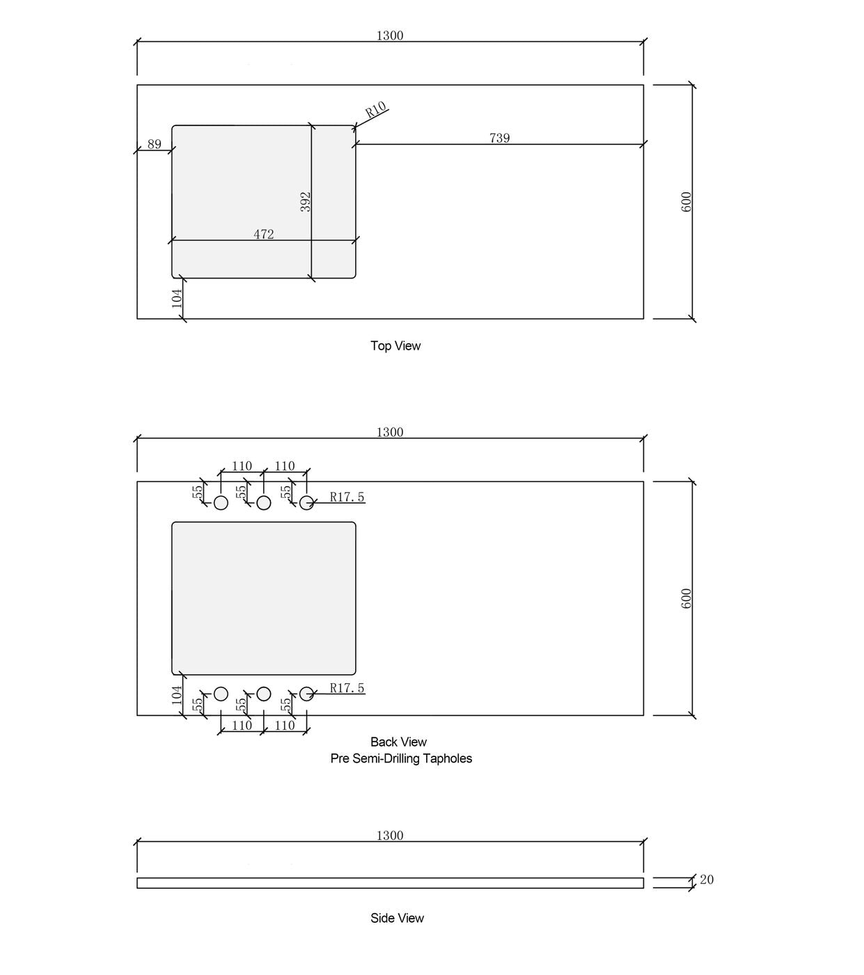 Laundry 1300mm Solid Surface Cloudy Carrara Top