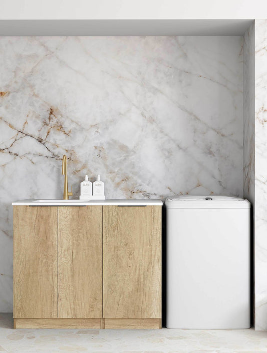 Byron/Bondi Natural Oak Base Laundry Cabinet with 1060mm Cloudy Carrara Top
