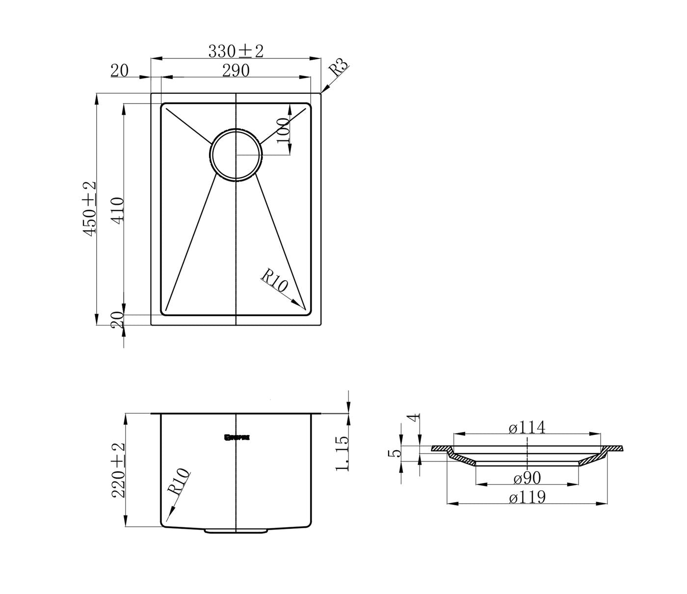 Axon Sink 33S 330x450x220 Brushed Gold