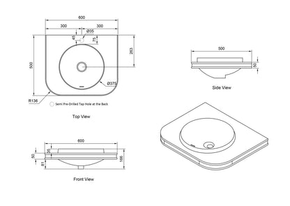 Havana English Edge 600x500x50  Matte White with Round Basin Top