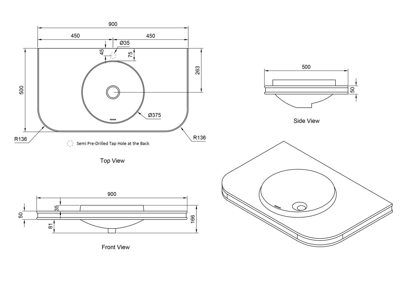Havana English Edge 900x500x50  Matte White with Round Basin Top