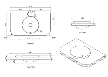 Havana English Edge 900x500x50  Matte White with Round Basin Top