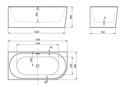 Left Corner 1700X800X600 Gloss White Bathtub OF