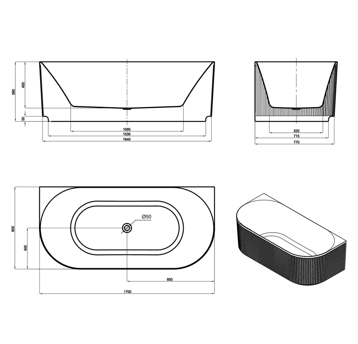 Attica Havana 1700 Gloss White BTW Multi-fit Fluted Bath with Overflow