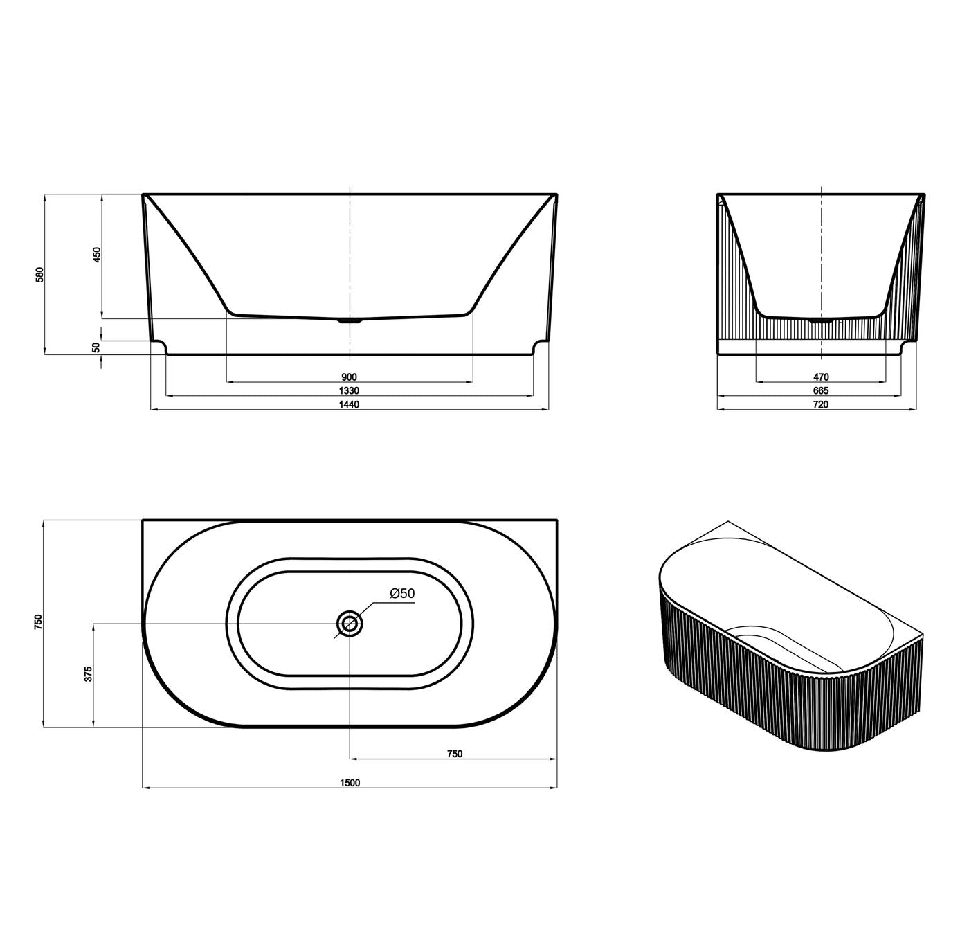 Attica Havana 1500 Matte White BTW Multi-fit Fluted Bath with Overflow