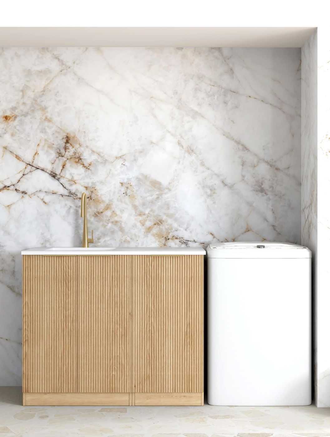 Havana Fluted Woodland Oak Base Laundry Cabinet with 1060mm Matte White Top
