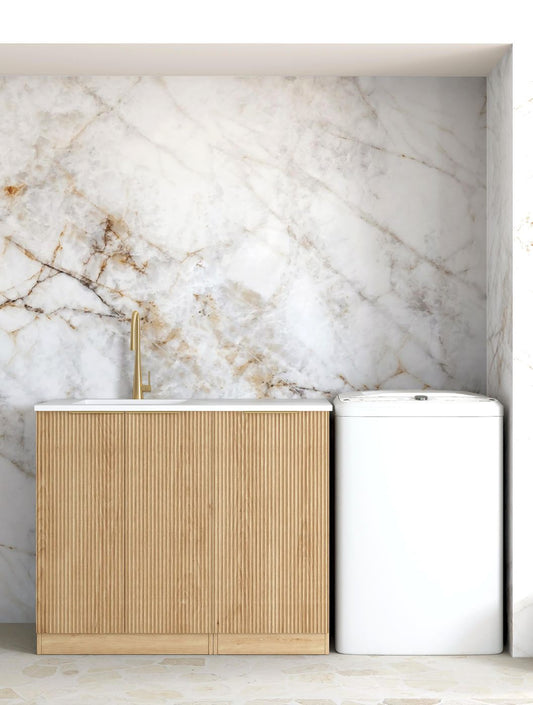 Havana Fluted Woodland Oak Base Laundry Cabinet with 1060mm Matte White Top