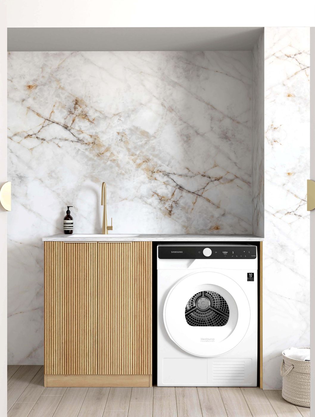 Havana Fluted Woodland Oak Base Laundry Cabinet with 1300mm Cloudy Carrara Top