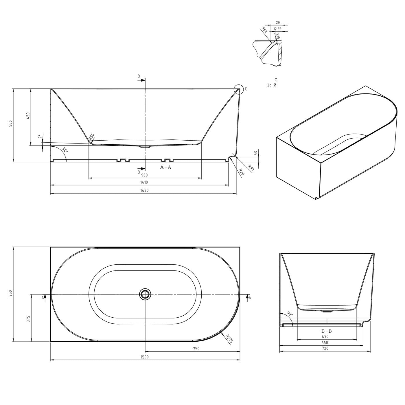 Attica Celine Left Corner 1500 Matte White Bath with Overflow