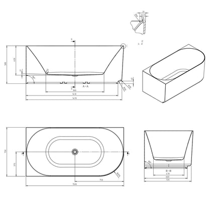 Attica Celine Left Corner 1500 Matte White Bath with Overflow