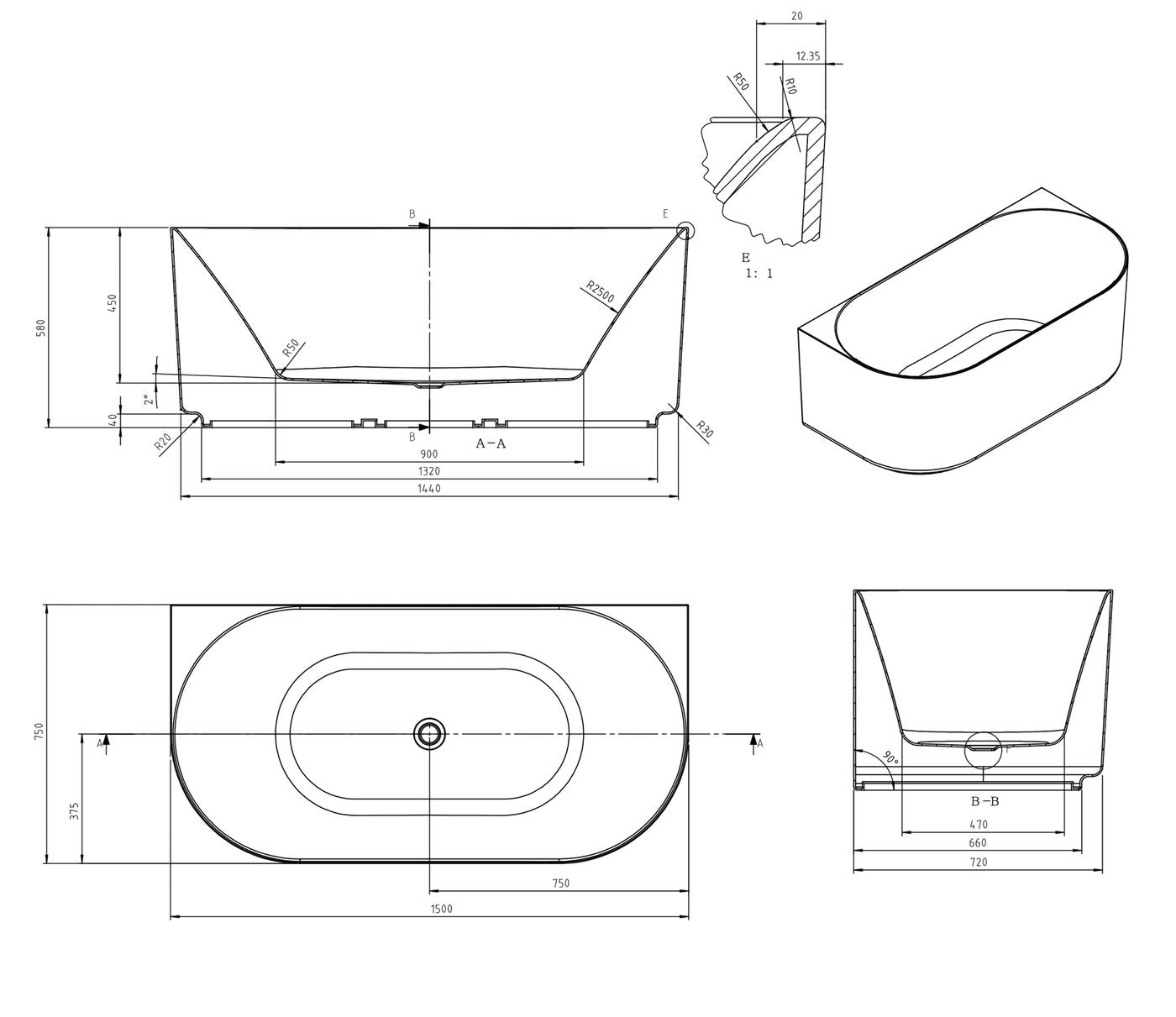 Attica Celine 1500 Gloss White BTW Multi-fit Bath with Overflow