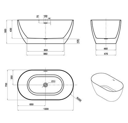Attica Manolo 1300 Gloss White Bath with Overflow