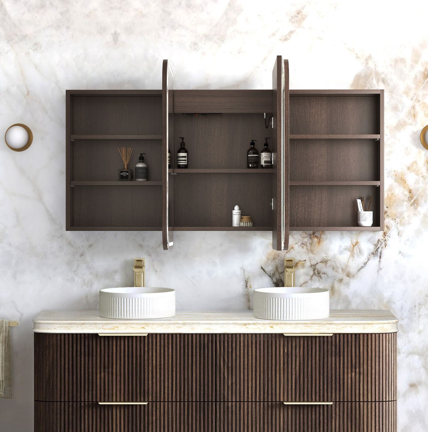 LED Newport 1500(W)x750(H) Sable Walnut Shaving Cabinet - Premium Edition