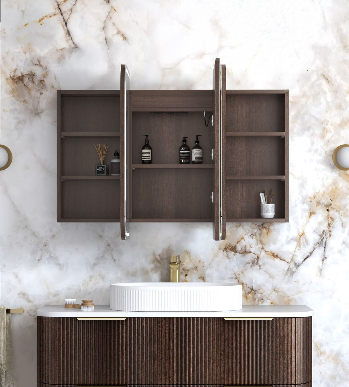 LED Newport 1200(W)x750(H) Sable Walnut Shaving Cabinet - Premium Edition