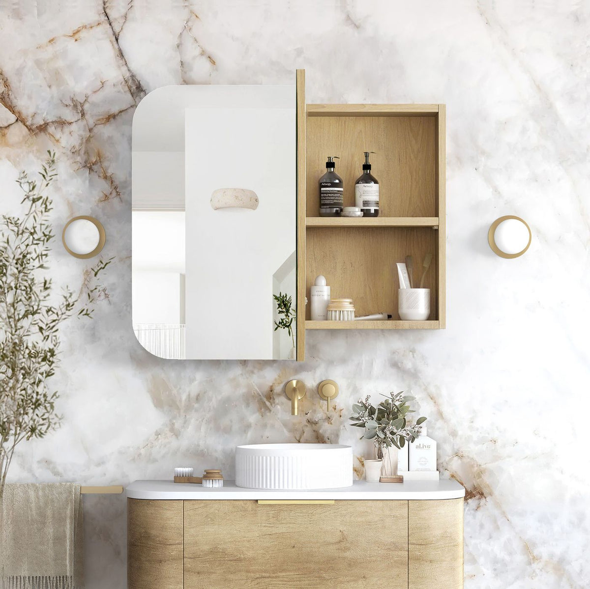 Newport 900x750 Natural Oak Shaving Cabinet