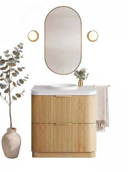 Havana 900mm Woodland Oak Fluted Floorstanding Curve Vanity with Round Basin Moulded Top