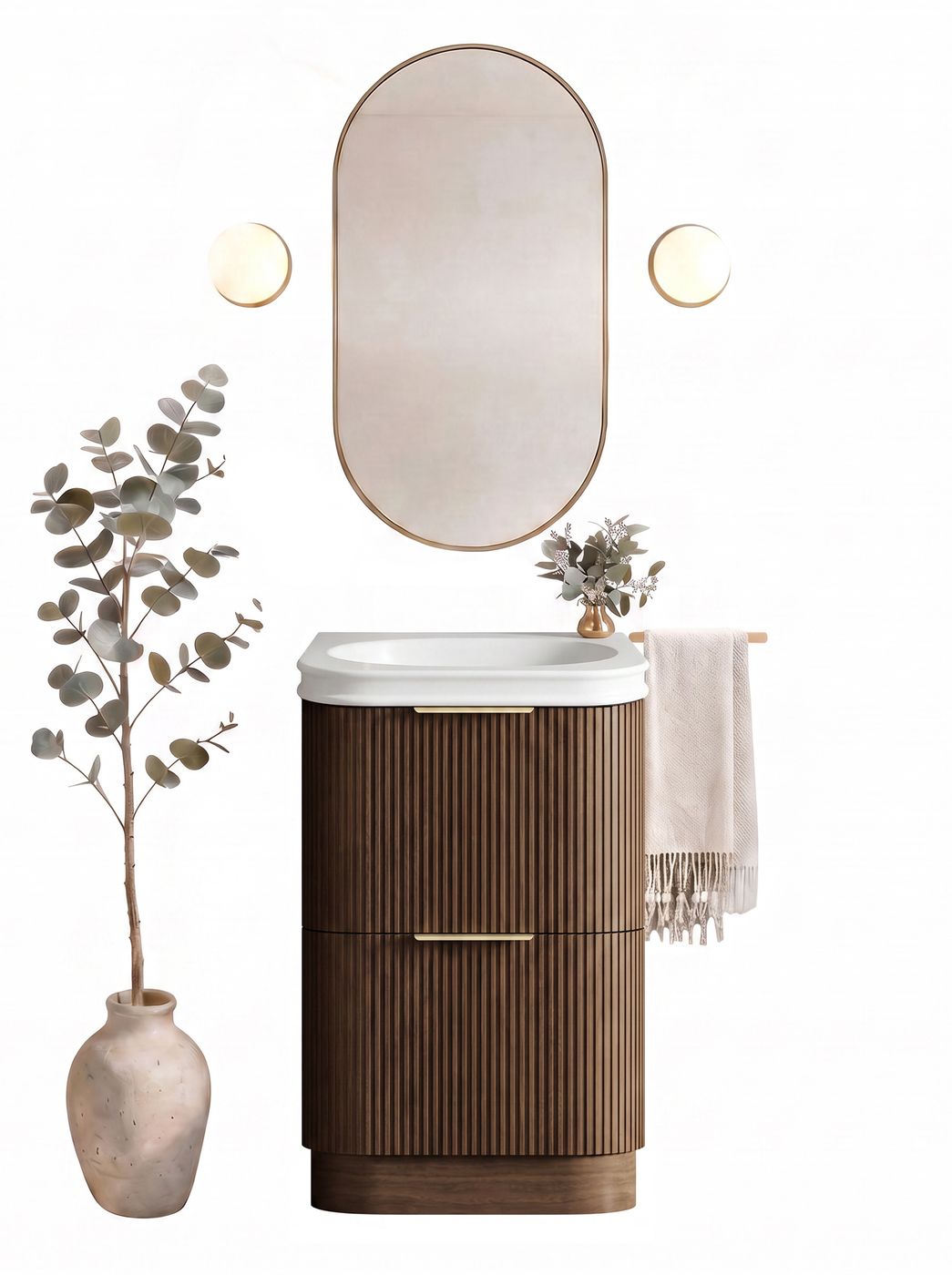 Havana 600mm Sable Walnut Fluted Floorstanding Curve Vanity with Square Basin Moulded Top