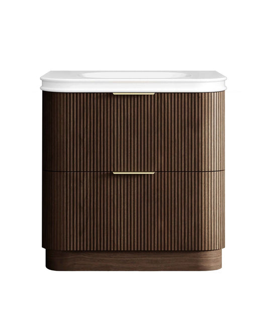 Havana 900mm Sable Walnut Fluted Floorstanding Curve Vanity with Square Basin Moulded Top