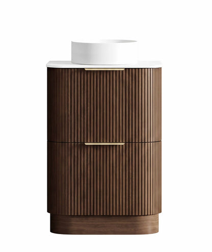 Havana 600mm Sable Walnut Fluted Floorstanding Curve Vanity with Pure White Top