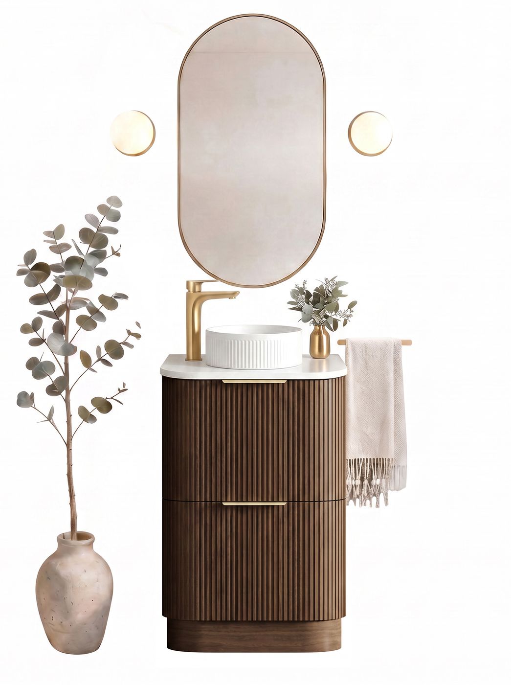 Havana 600mm Sable Walnut Fluted Floorstanding Curve Vanity with Pure White Top