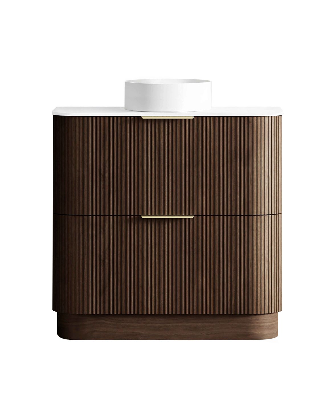 Havana 900mm Sable Walnut Fluted Floorstanding Curve Vanity with Pure White Top