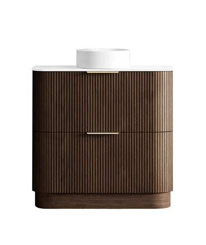 Havana 900mm Sable Walnut Fluted Floorstanding Curve Vanity with Pure White Top