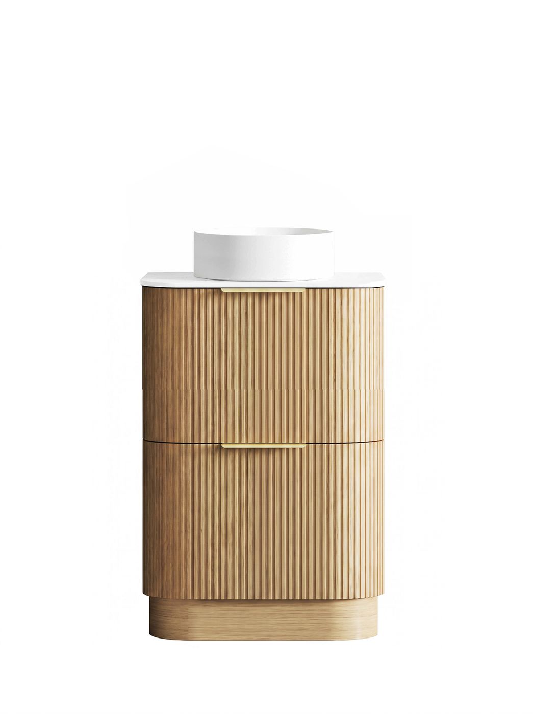 Havana 600mm Woodland Oak Fluted Floorstanding Curve Vanity with Pure White Top