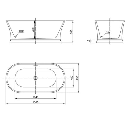 Hampton 1500x750x560 Matte White Bathtub with Overflow
