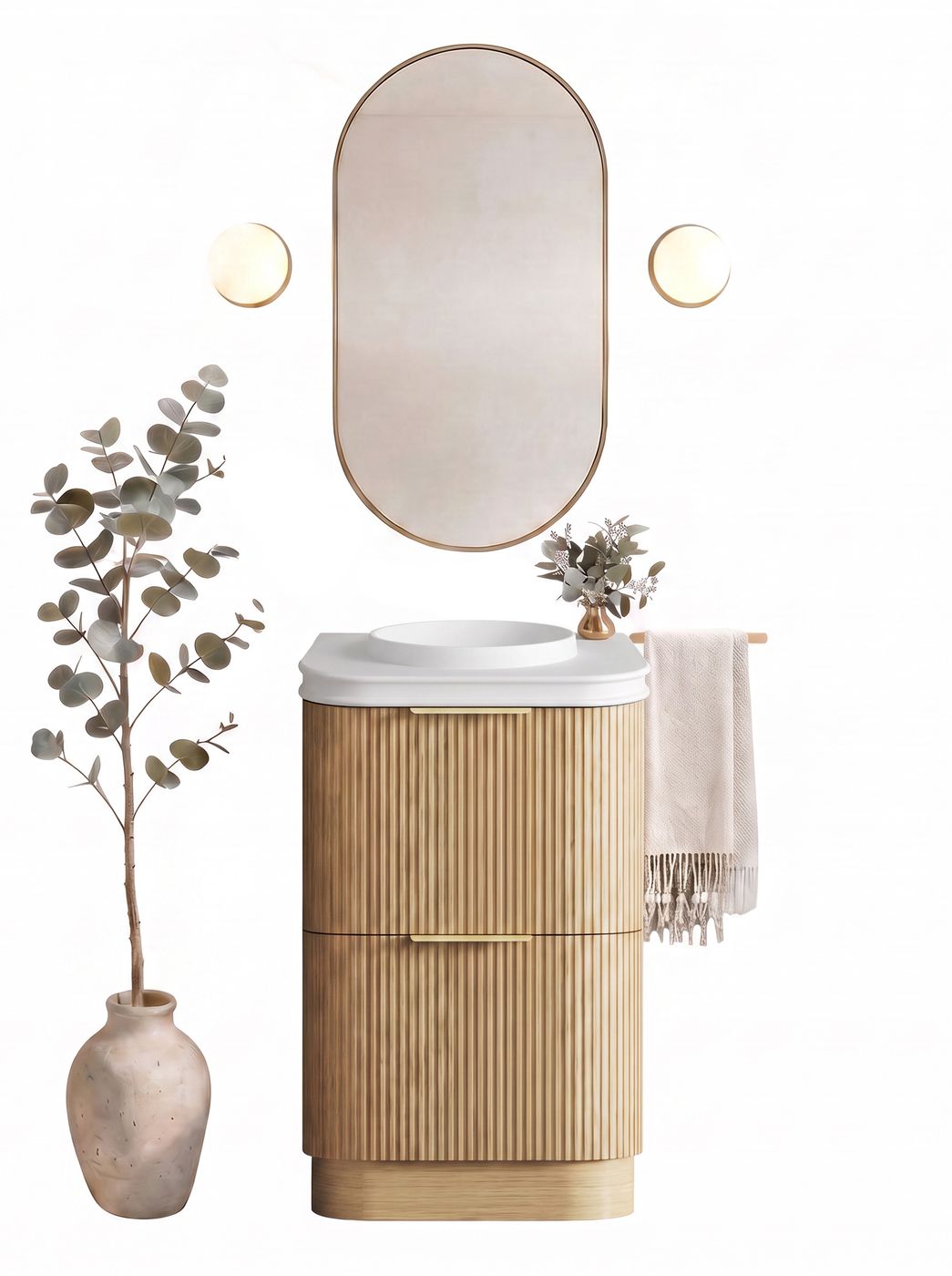 Havana 600mm Woodland Oak Fluted Floorstanding Curve Vanity with Round Basin Moulded Top