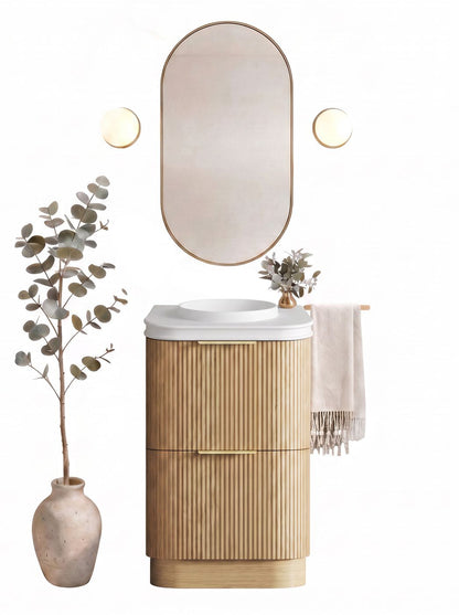 Havana 600mm Woodland Oak Fluted Floorstanding Curve Vanity with Round Basin Moulded Top