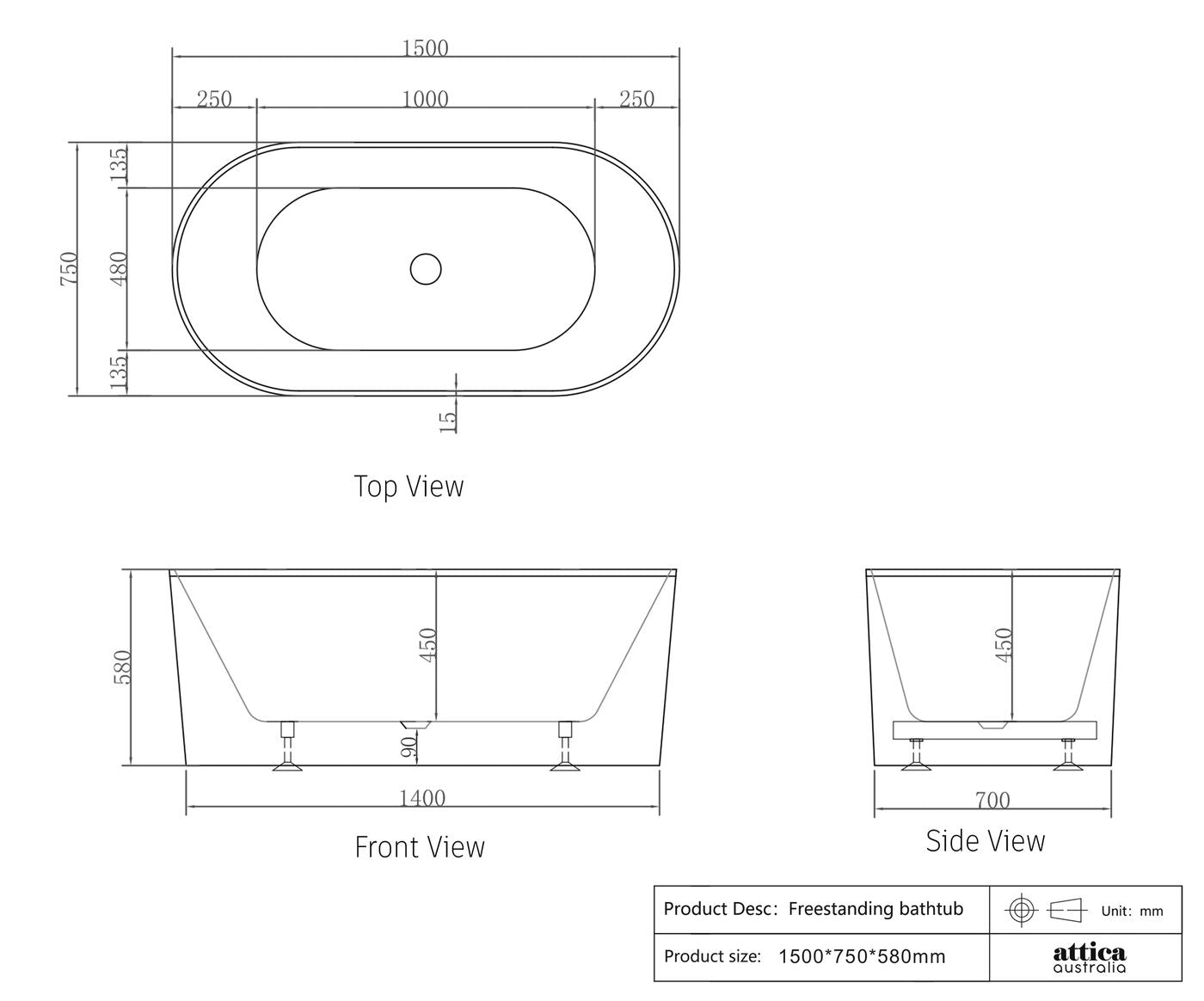 Attica Noosa Fluted 1500 Matte White Bath with Overflow