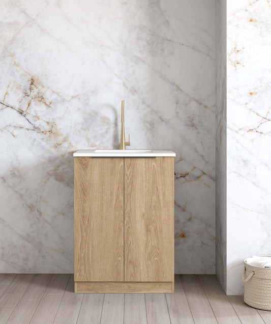 Mini Laundry 650mm Byron/Bondi Natural Oak with Natural Carrara Marble Top with 12 O'clock Tap Hole cut out