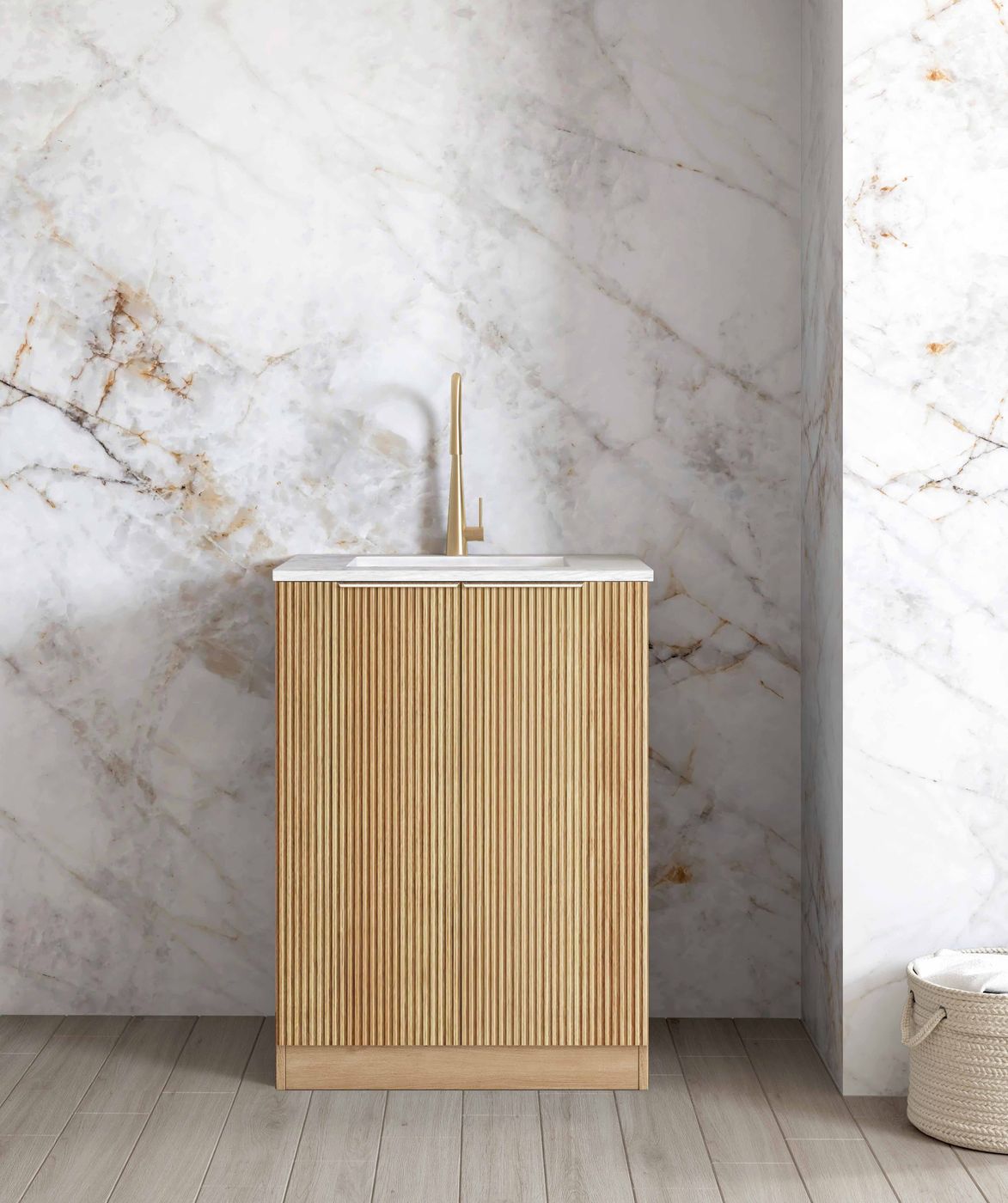 Mini Laundry 650mm Havana Fluted Woodland Oak with Natural Carrara Marble Top with 12 O'clock Tap Hole cut out