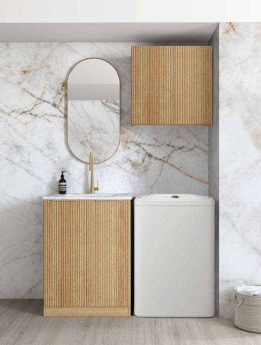 Wall and Base Cabinets Kit 650 Havana Fluted Woodland Oak with Natural Carrara Marble Top with 12 O'clock Tap Hole cut out